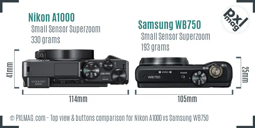 Nikon A1000 vs Samsung WB750 top view buttons comparison