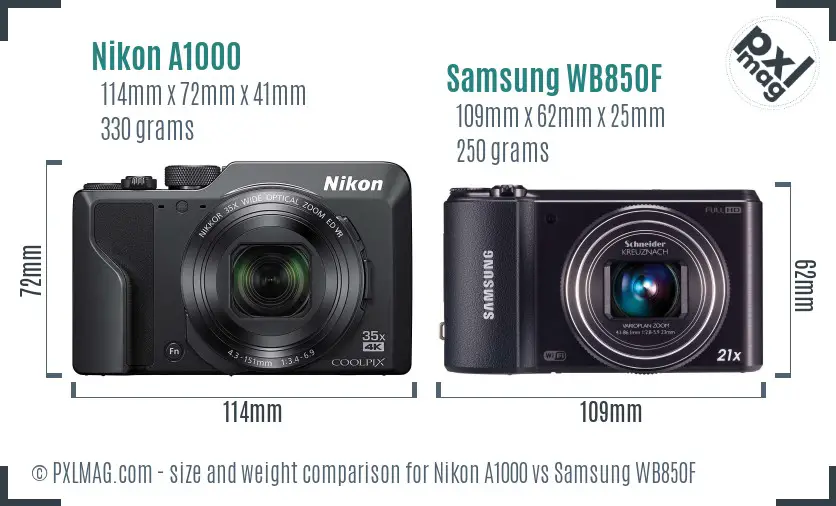 Nikon A1000 vs Samsung WB850F size comparison