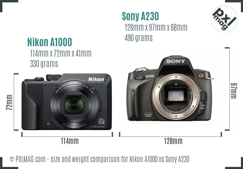 Nikon A1000 vs Sony A230 size comparison
