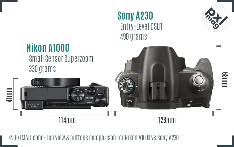 Nikon A1000 vs Sony A230 top view buttons comparison