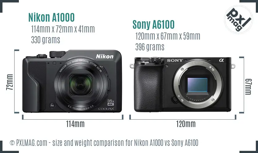Nikon A1000 vs Sony A6100 size comparison