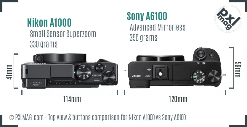 Nikon A1000 vs Sony A6100 top view buttons comparison