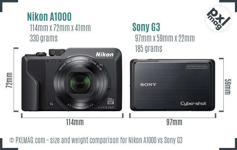 Nikon A1000 vs Sony G3 size comparison