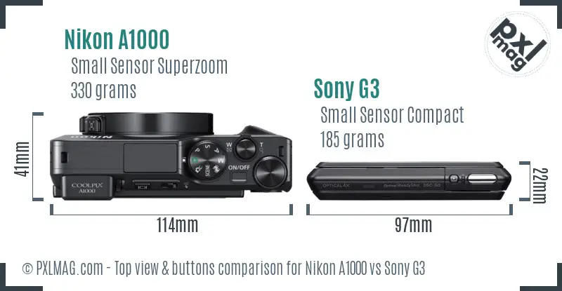 Nikon A1000 vs Sony G3 top view buttons comparison