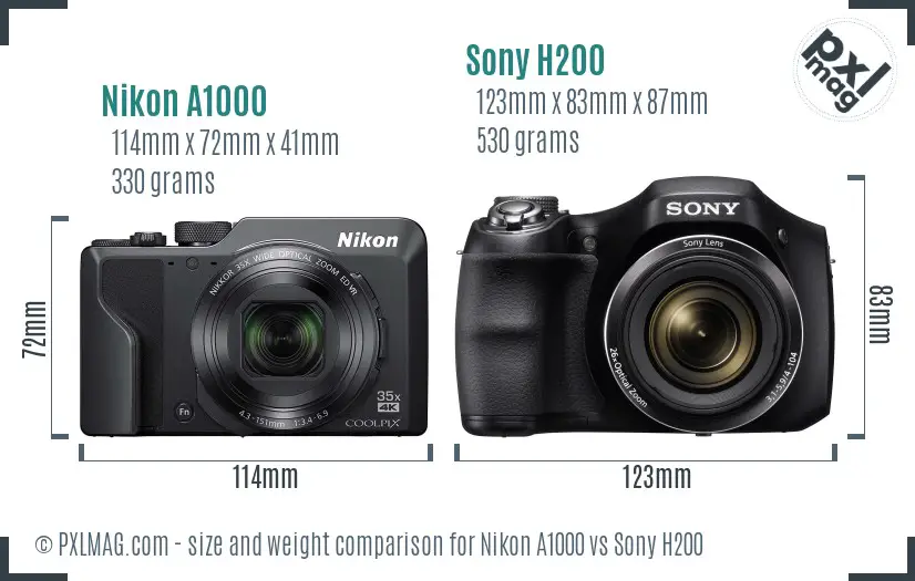 Nikon A1000 vs Sony H200 size comparison