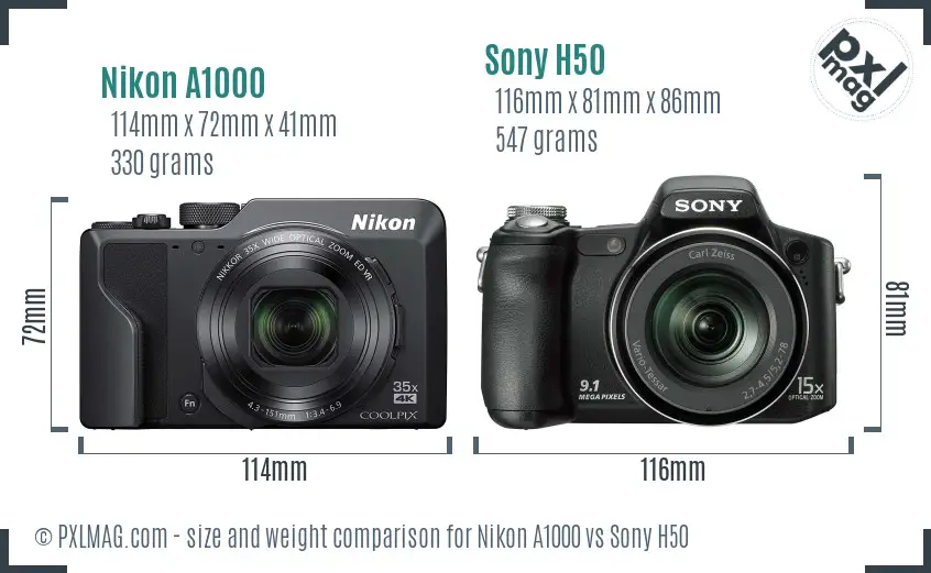 Nikon A1000 vs Sony H50 size comparison