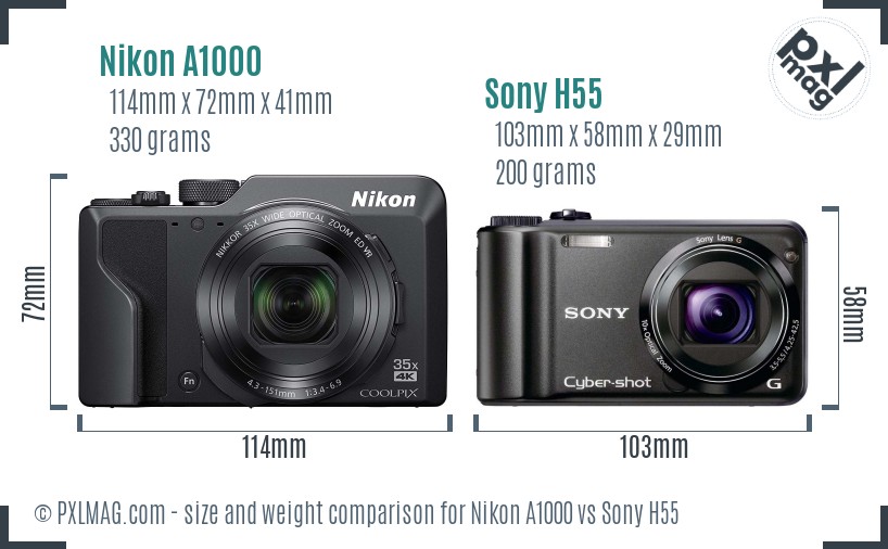 Nikon A1000 vs Sony H55 size comparison