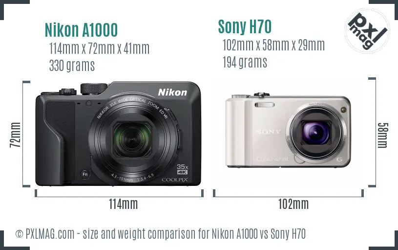Nikon A1000 vs Sony H70 size comparison