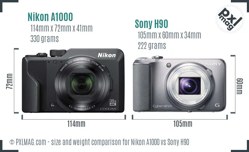 Nikon A1000 vs Sony H90 size comparison