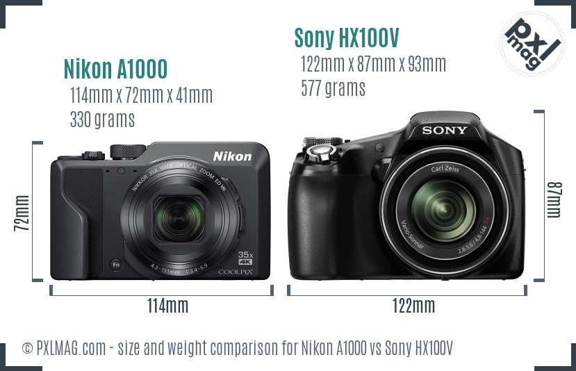 Nikon A1000 vs Sony HX100V size comparison