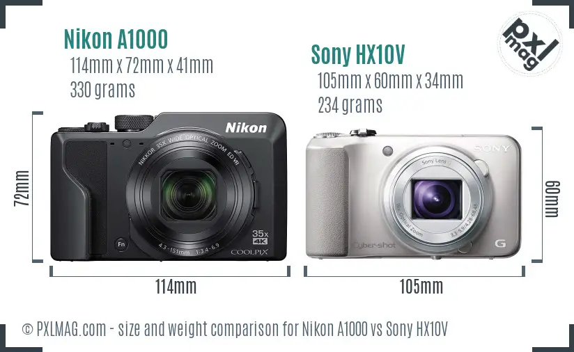 Nikon A1000 vs Sony HX10V size comparison