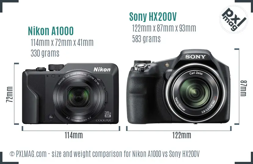 Nikon A1000 vs Sony HX200V size comparison