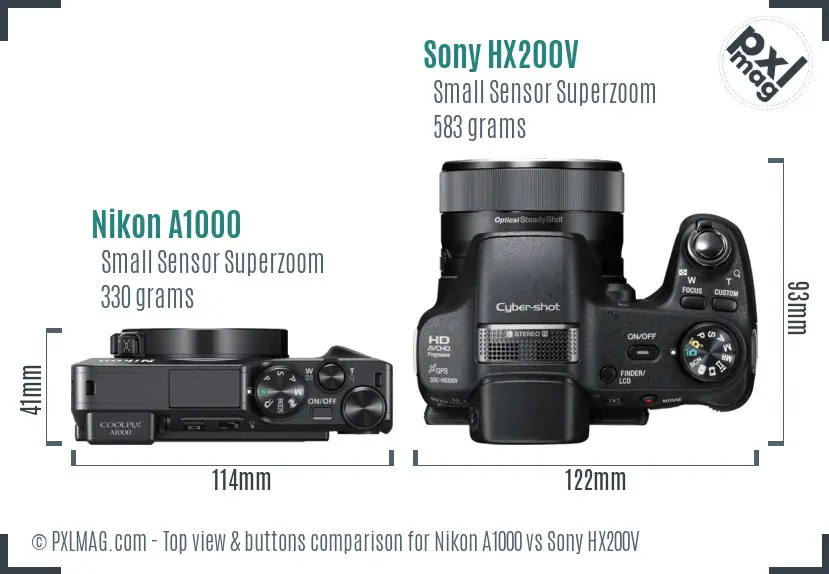 Nikon A1000 vs Sony HX200V top view buttons comparison