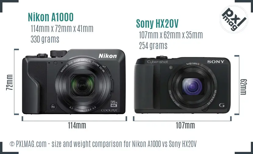 Nikon A1000 vs Sony HX20V size comparison