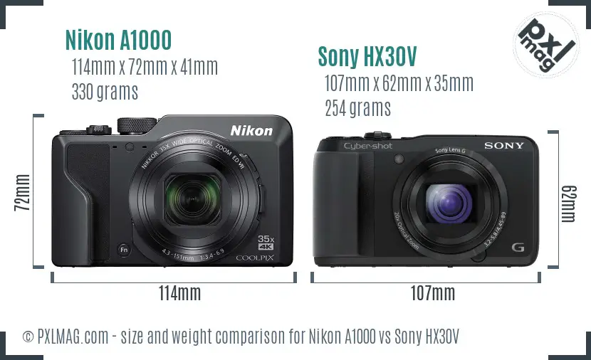 Nikon A1000 vs Sony HX30V size comparison