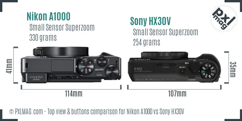 Nikon A1000 vs Sony HX30V top view buttons comparison