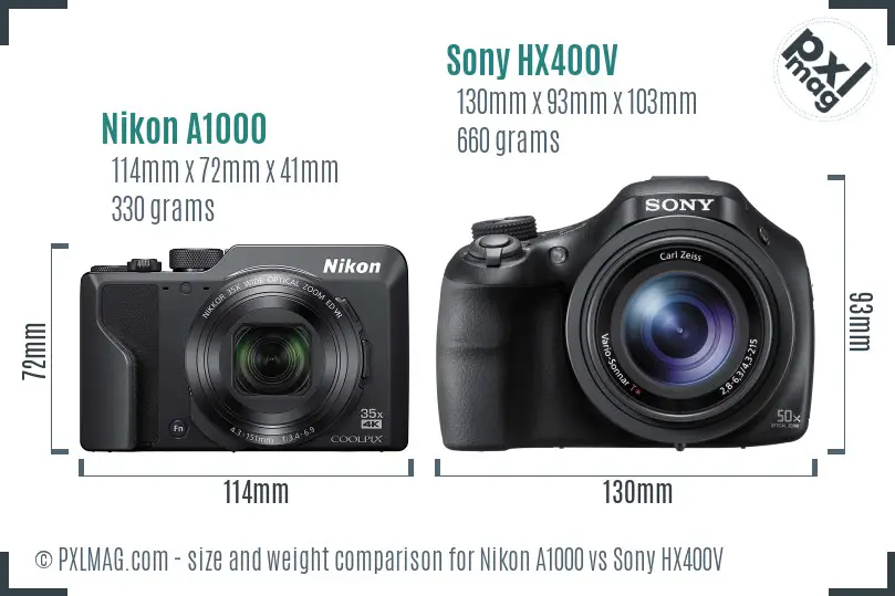 Nikon A1000 vs Sony HX400V size comparison