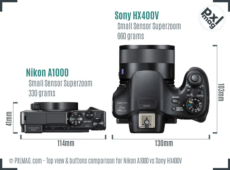 Nikon A1000 vs Sony HX400V top view buttons comparison