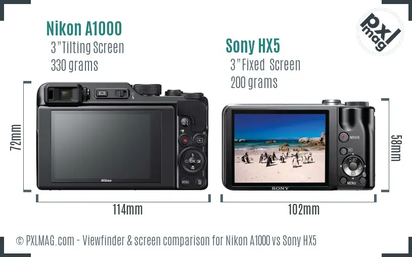 Nikon A1000 vs Sony HX5 Screen and Viewfinder comparison Nikon A1000 vs Sony HX5 Screen and Viewfinder comparison