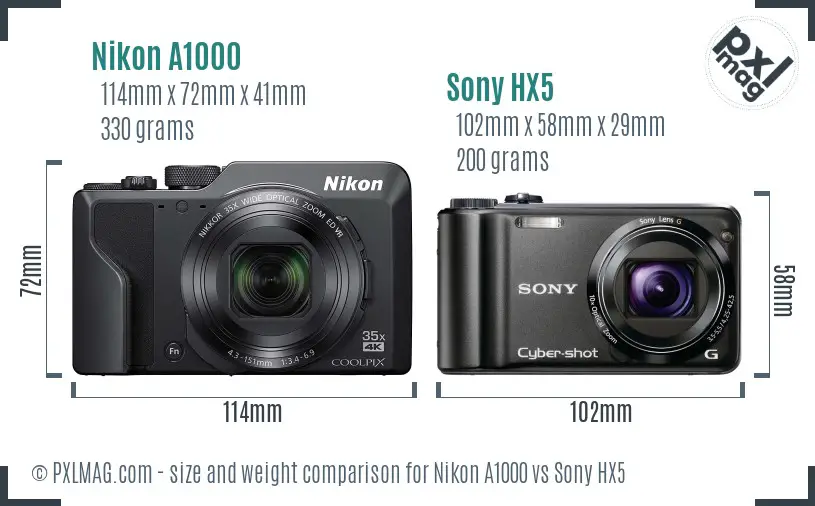 Nikon A1000 vs Sony HX5 size comparison Nikon A1000 vs Sony HX5 size comparison