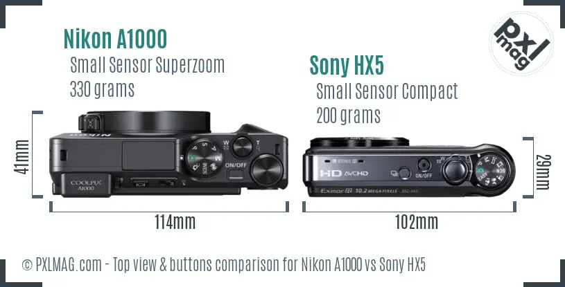 Nikon A1000 vs Sony HX5 top view buttons comparison Nikon A1000 vs Sony HX5 top view buttons comparison