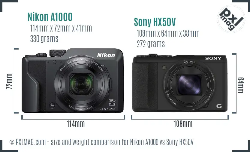 Nikon A1000 vs Sony HX50V size comparison