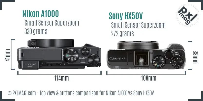 Nikon A1000 vs Sony HX50V top view buttons comparison