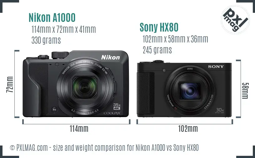 Nikon A1000 vs Sony HX80 size comparison