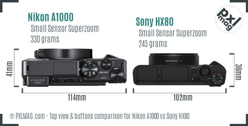 Nikon A1000 vs Sony HX80 top view buttons comparison