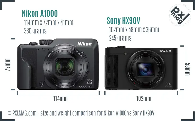 Nikon A1000 vs Sony HX90V size comparison