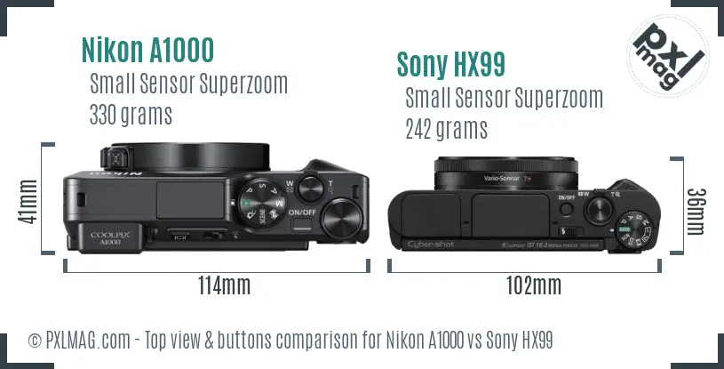 Nikon A1000 vs Sony HX99 top view buttons comparison