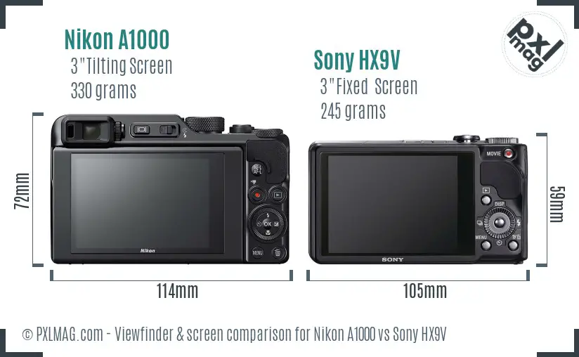Nikon A1000 vs Sony HX9V Screen and Viewfinder comparison