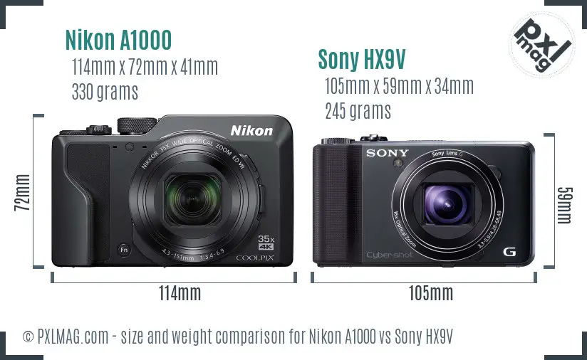 Nikon A1000 vs Sony HX9V size comparison