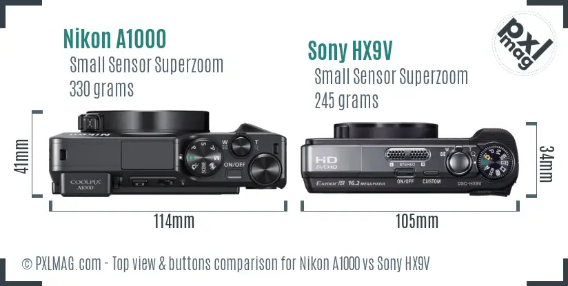 Nikon A1000 vs Sony HX9V top view buttons comparison