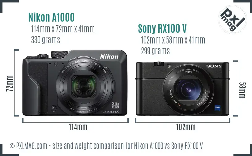 Nikon A1000 vs Sony RX100 V size comparison