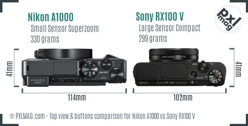 Nikon A1000 vs Sony RX100 V top view buttons comparison