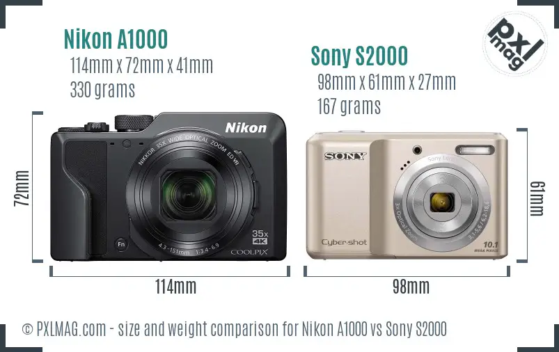 Nikon A1000 vs Sony S2000 size comparison