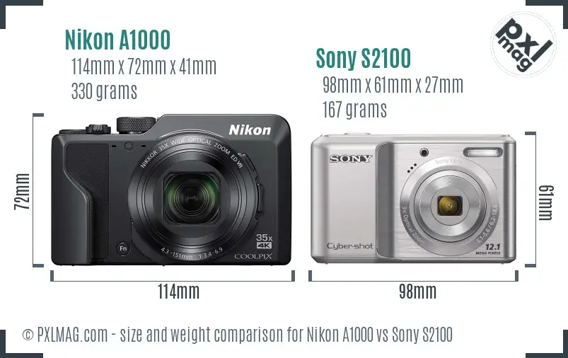 Nikon A1000 vs Sony S2100 size comparison