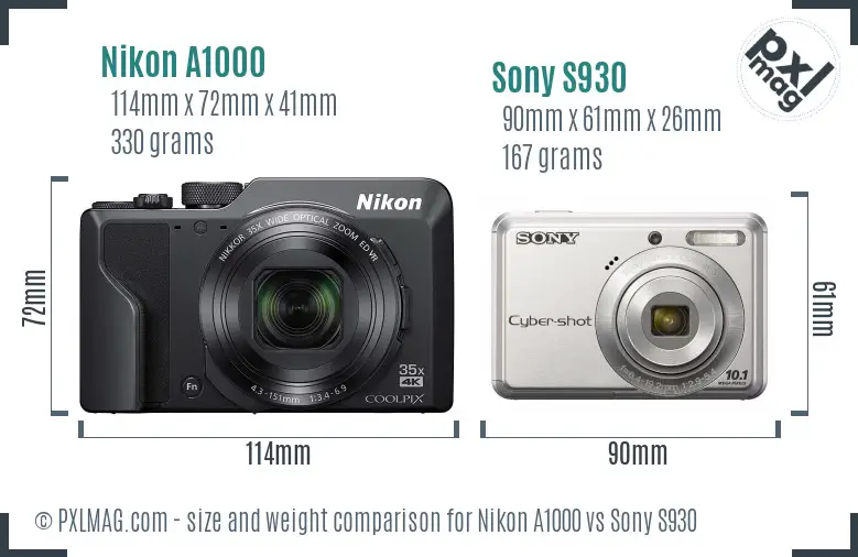 Nikon A1000 vs Sony S930 size comparison