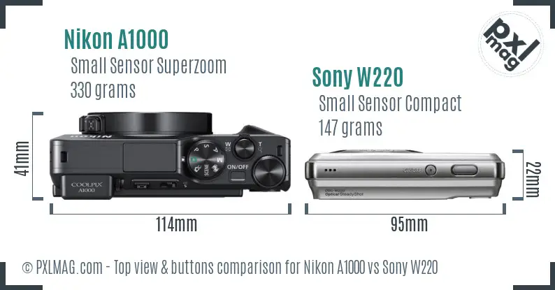 Nikon A1000 vs Sony W220 top view buttons comparison Nikon A1000 vs Sony W220 top view buttons comparison