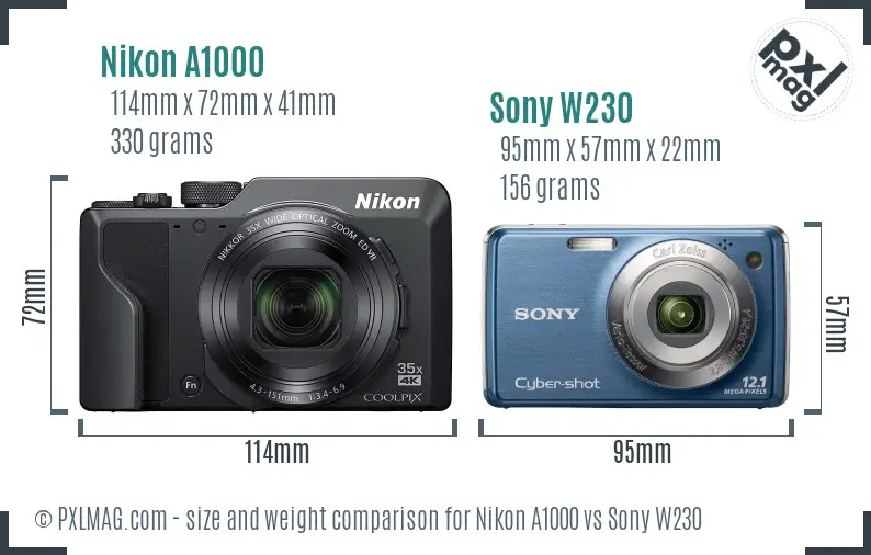 Nikon A1000 vs Sony W230 size comparison