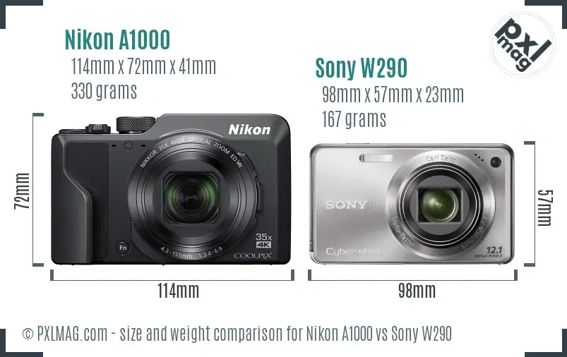 Nikon A1000 vs Sony W290 size comparison