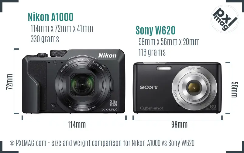 Nikon A1000 vs Sony W620 size comparison