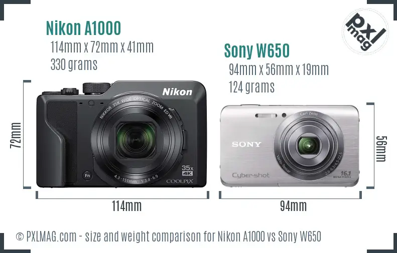 Nikon A1000 vs Sony W650 size comparison