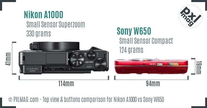 Nikon A1000 vs Sony W650 top view buttons comparison