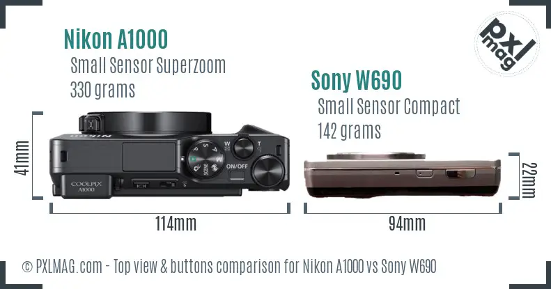 Nikon A1000 vs Sony W690 top view buttons comparison Nikon A1000 vs Sony W690 top view buttons comparison