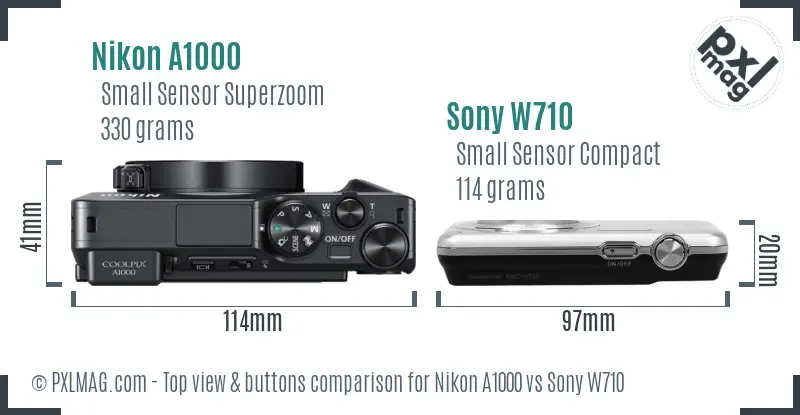 Nikon A1000 vs Sony W710 top view buttons comparison Nikon A1000 vs Sony W710 top view buttons comparison