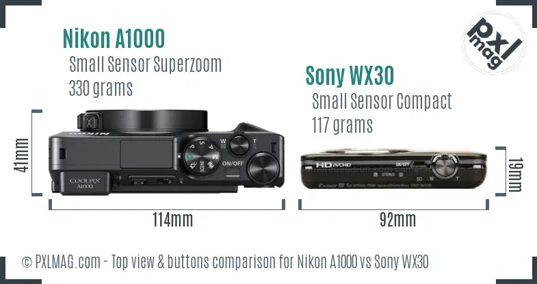 Nikon A1000 vs Sony WX30 top view buttons comparison Nikon A1000 vs Sony WX30 top view buttons comparison