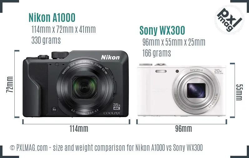Nikon A1000 vs Sony WX300 size comparison