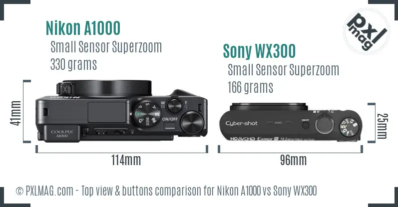 Nikon A1000 vs Sony WX300 top view buttons comparison